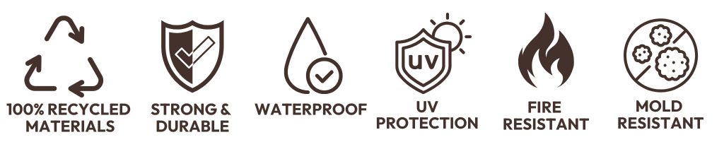 Icons showing recycled materials, durability, waterproof performance, UV and fire protection, and mold resistance.