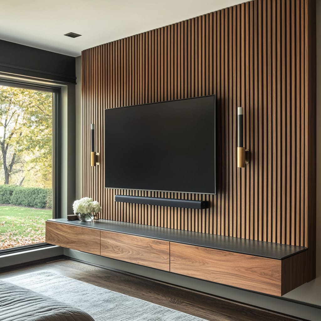 Acoustic slat panels TV wall