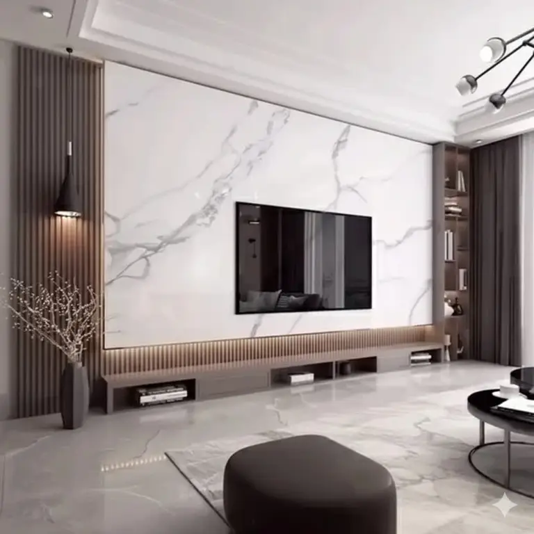 Large-format PVC marble wall panels in a refined interior