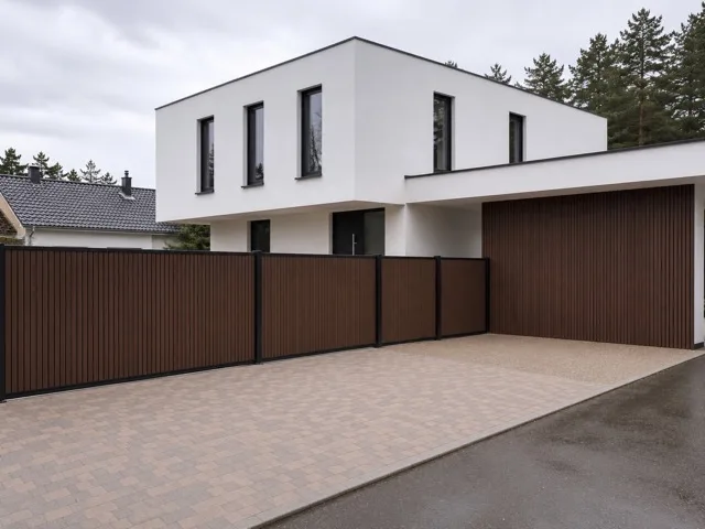 Modern home with brown WPC exterior cladding and matching composite fence