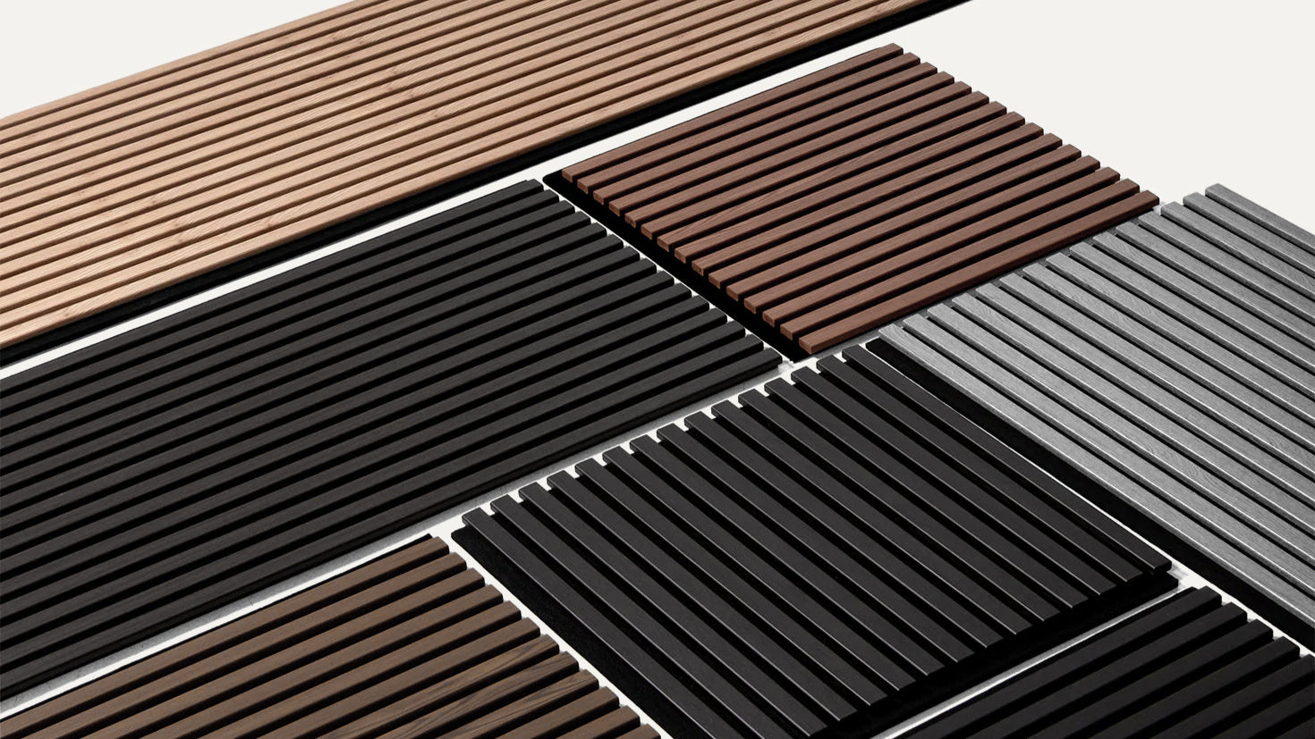 Array of slat panels in multiple finishes laid out together.