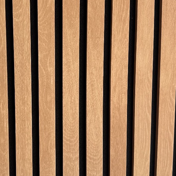 Claro Walnut close-up showing 3-sided wrapped slat detail