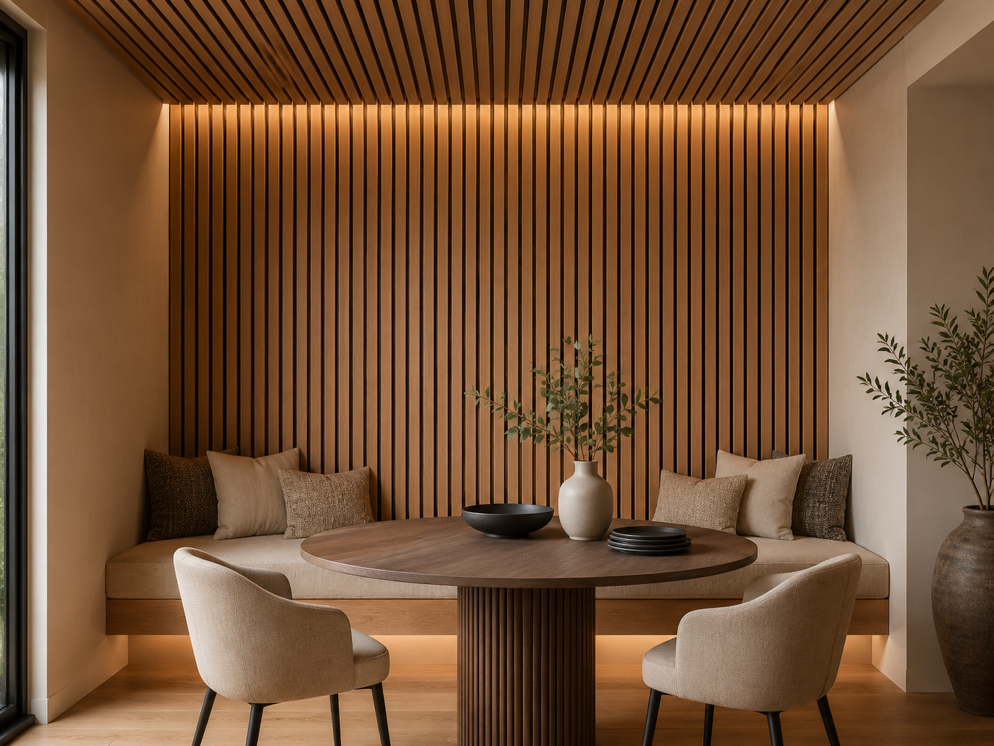 Claro Walnut installed dining nook with wall and ceiling slats