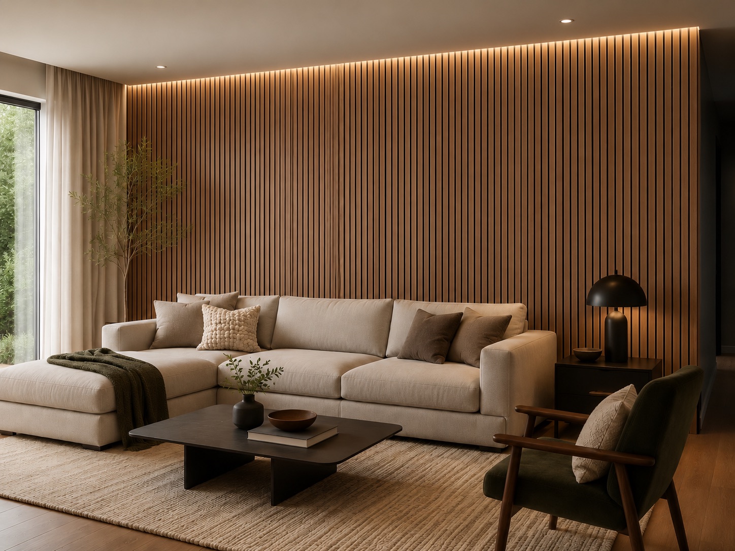 Honey Walnut installed living room accent wall - San Diego