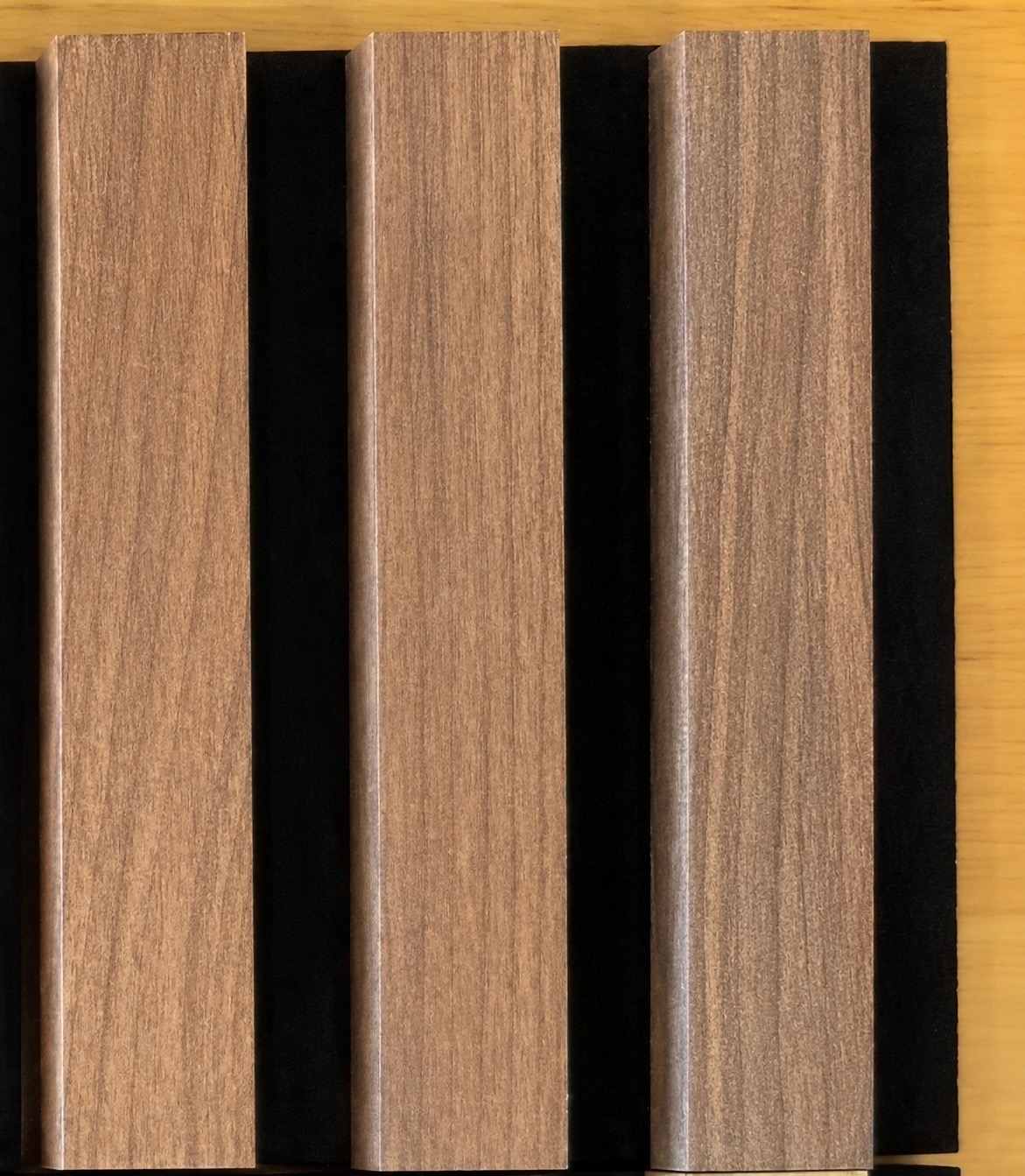 Honey Walnut close-up showing 3-sided wrapped slat detail