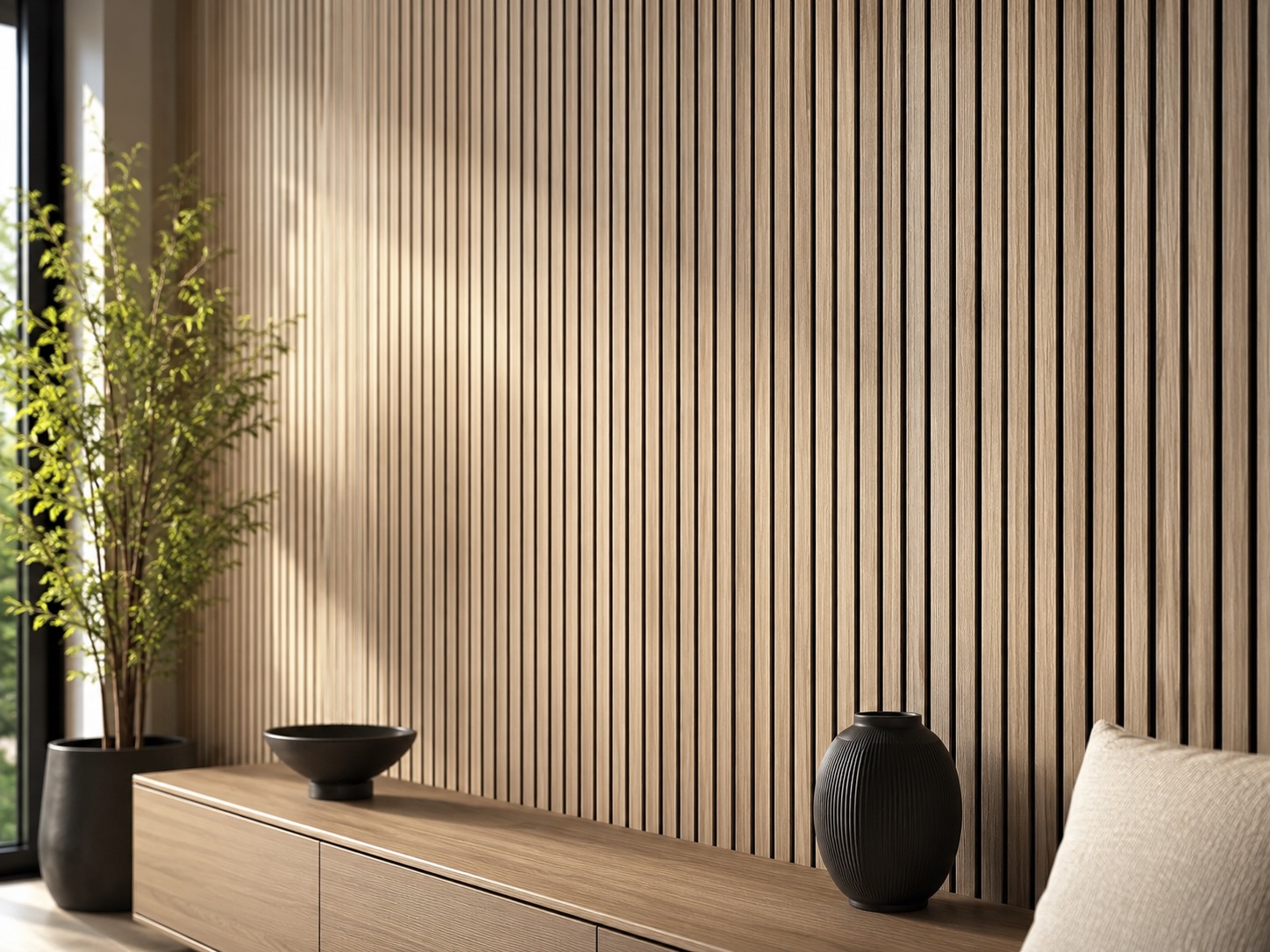 Light Maple acoustic slat panel installed feature wall