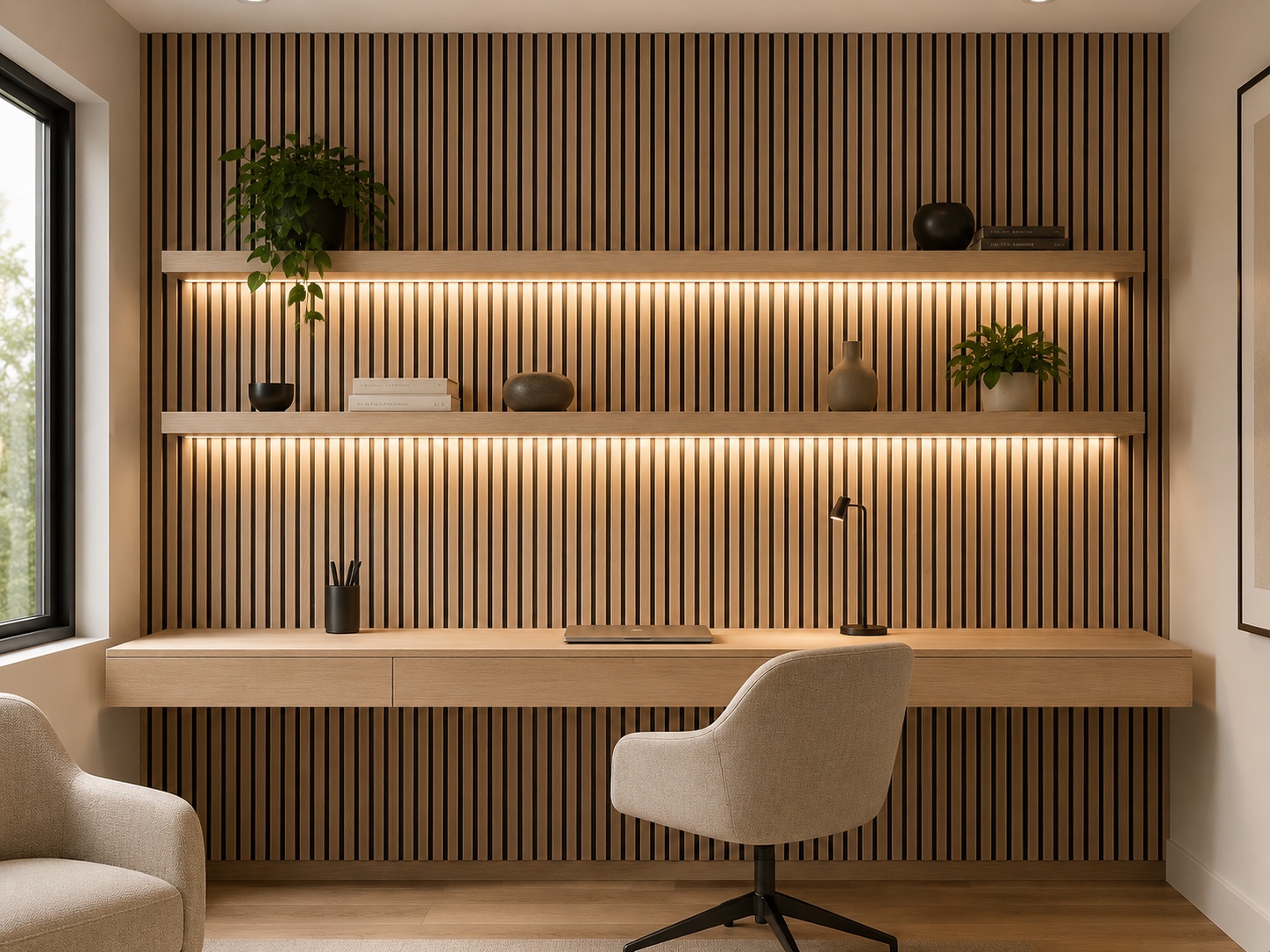 Light Oak acoustic slat panel installed home office wall