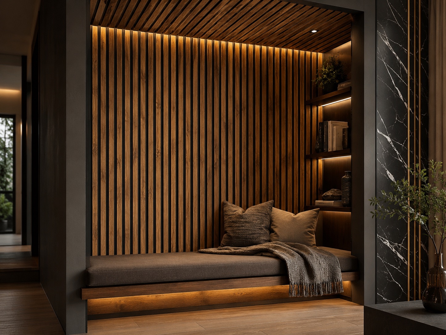 Rich Walnut acoustic slat panel installed wall and ceiling example