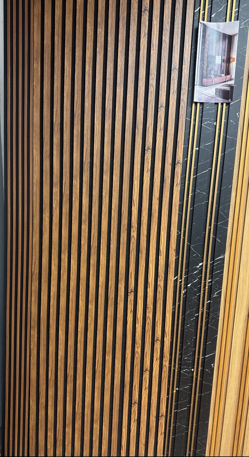 Rich Walnut acoustic panel showroom display in San Diego