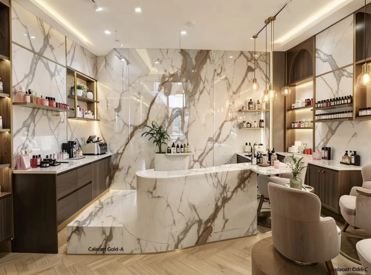 Calacatta Gold bookmatch wall panels in a salon interior