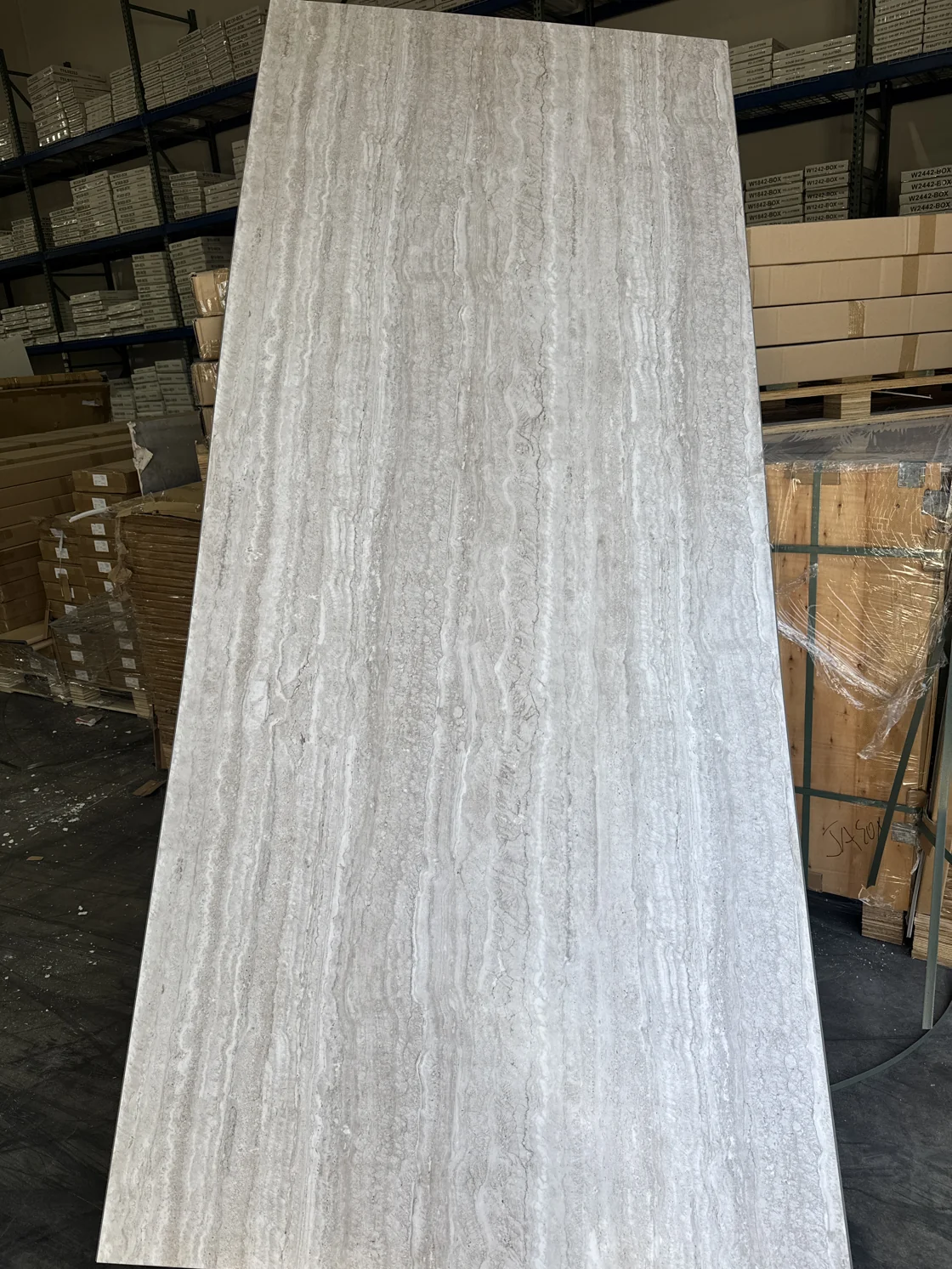Silver Gray Travertine PVC panel — actual panel in our showroom